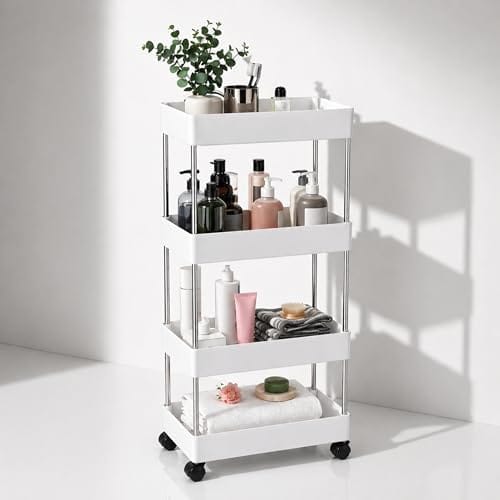 Multipurpose 4-Tier Plastic Storage Rack with Wheels – Slim Organizer Shelf for Kitchen, Bathroom, Office &
