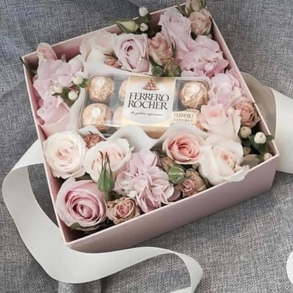 PINK BOX PINK ROSES, WHITE ROSES, AND FERRERO ROCHER