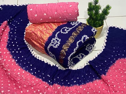 Golden Gadhwal Embroidery Bandhani Material-Pink