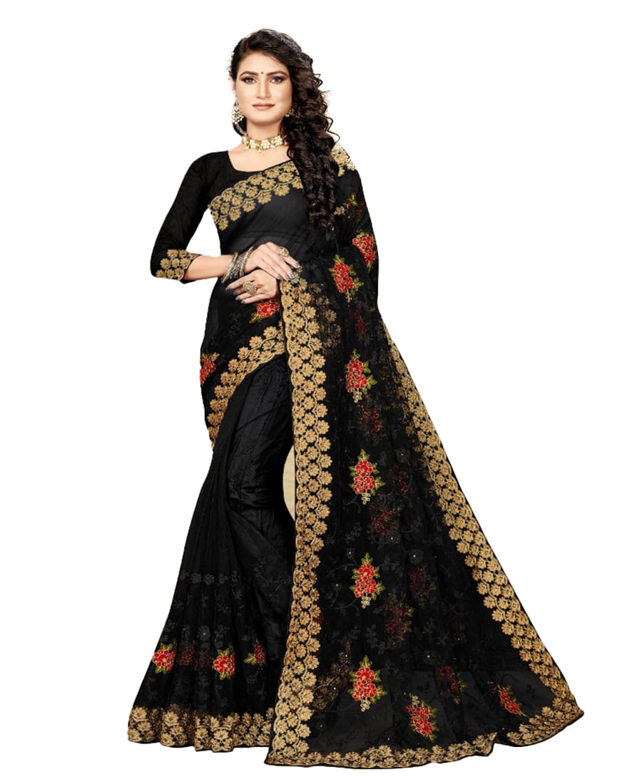 Generic Women's Net Saree With Blouse (Black, 5-6 Mtr)