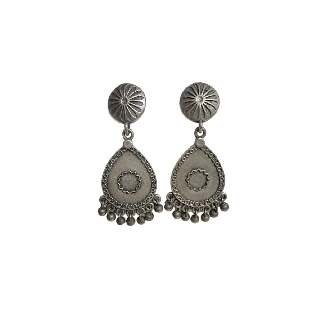 Anvaya Collections Oxidised Silver Teardrop Earrings with Floral Stud and Hanging Beads, Traditional Ethnic Design