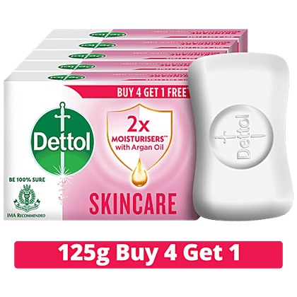 Dettol Skincare Pure Glycerine Soap, Protection from Skin Infection Causing Germs, 125G Buy 4 Get 1 Free
