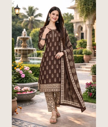 Rajnandini Women Cotton Blend Printed Straight Kurti With Patiala Salwar ( Brown )