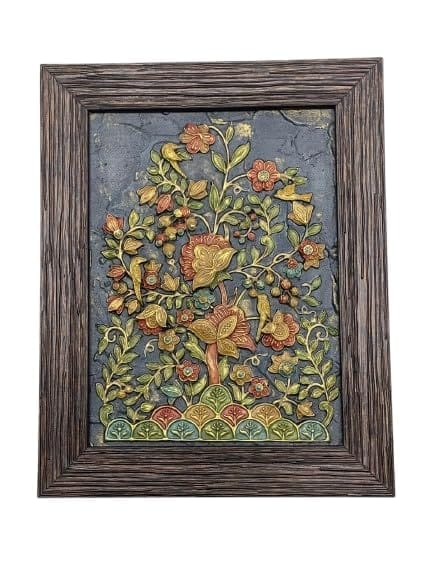 Framed Floral Wall Art, Handcrafted Relief Sculpture, Blue Background with Multicolor Flowers, Wooden Frame Size(20 * 25cm)