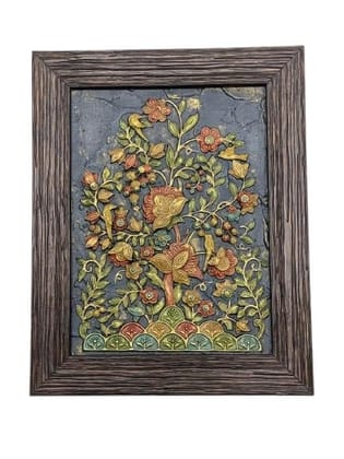 Framed Floral Wall Art, Handcrafted Relief Sculpture, Blue Background with Multicolor Flowers, Wooden Frame Size(20 * 25cm)