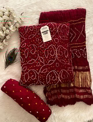 Modal Ghazi Silk Original Hand crafted Silk Bandhani Dress Material (Unstitched)-Maroon
