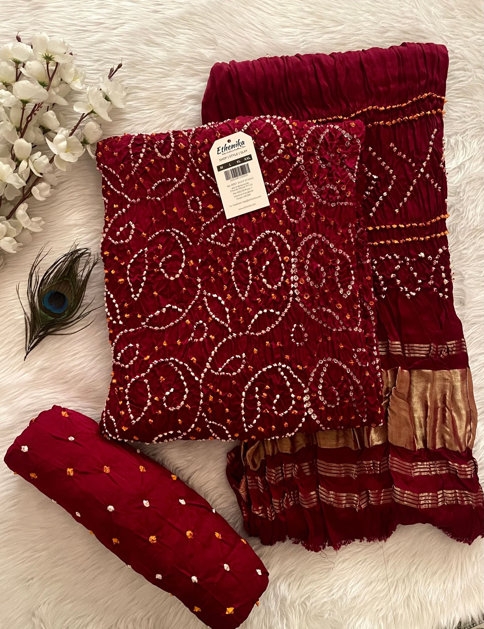 Modal Ghazi Silk Original Hand crafted Silk Bandhani Dress Material (Unstitched)-Maroon