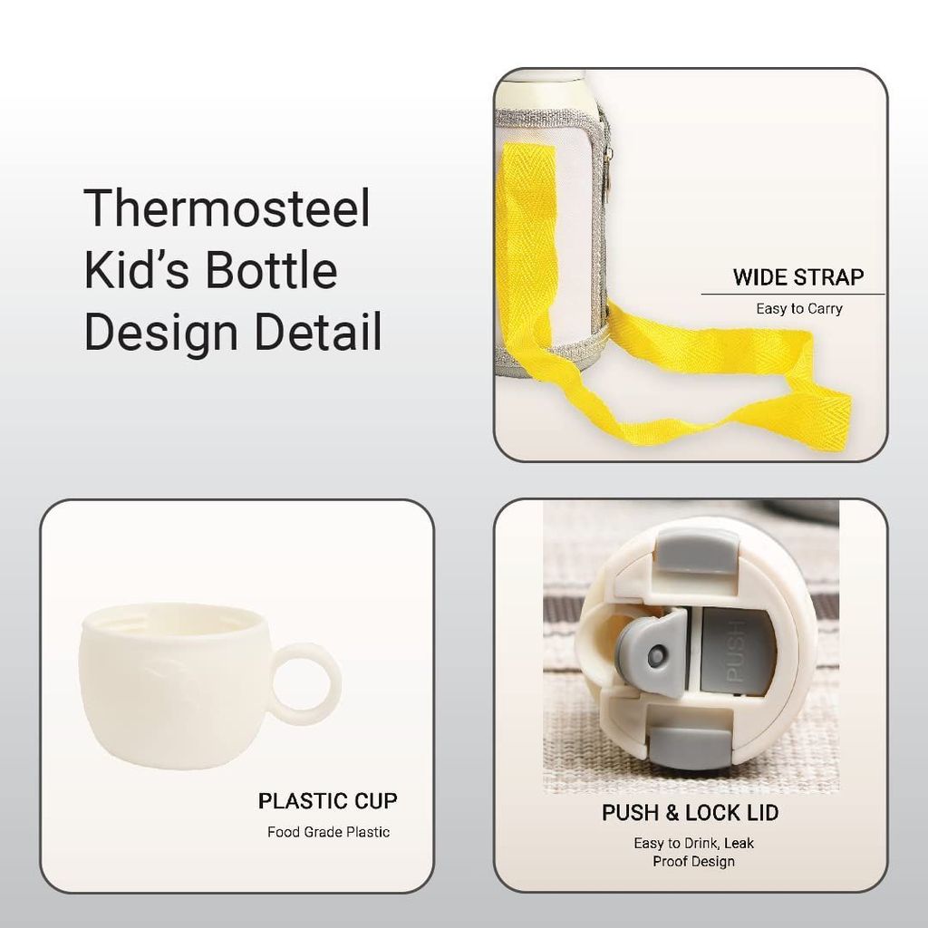 Femora Kids Lion Design Hot & Cold Thermosteel Water Bottle for Kids Double Walled Vacuum Insulated Stainless Steel Bottles with Bag (550 Ml) (Cream)