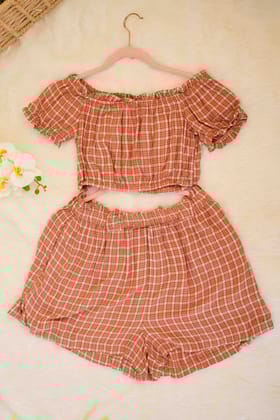 Rust Check Shorts Set-XS