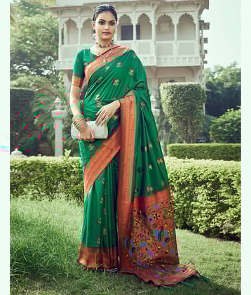 Satrani Silk Woven Saree With Unstitched Blouse Piece ( Green )