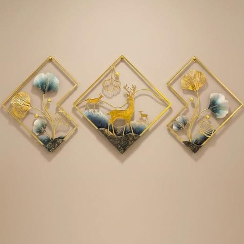3-Piece Modern Metal Wall Sculpture Set with Deer & Ginkgo