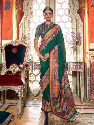 Dark Green Poly Viscose Silk Pashmina Saree with Printed Floral Motifs Saree