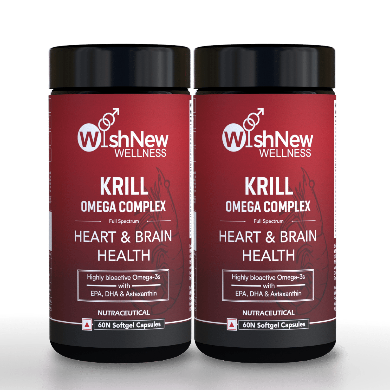 WishNew Wellness Krill Omega Complex for Heart & Brain Health, 60 Enhanced Absorption Softgels with 2000mg Fish Oil & 250mg Krill, Rich in EPA & DHA Plus Astaxanthin Pack of 2