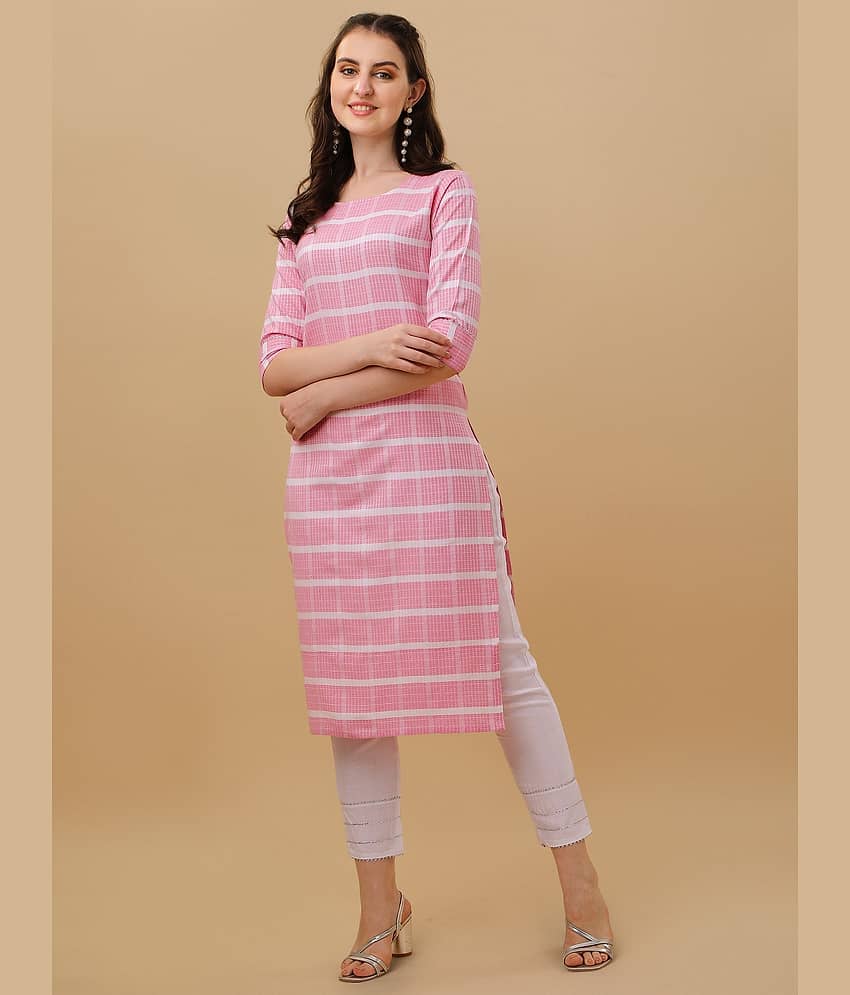 TRAHIMAM Cotton Checks Kurti With Pants Women's Stitched Salwar Suit - Pink ( Pack of 1 )