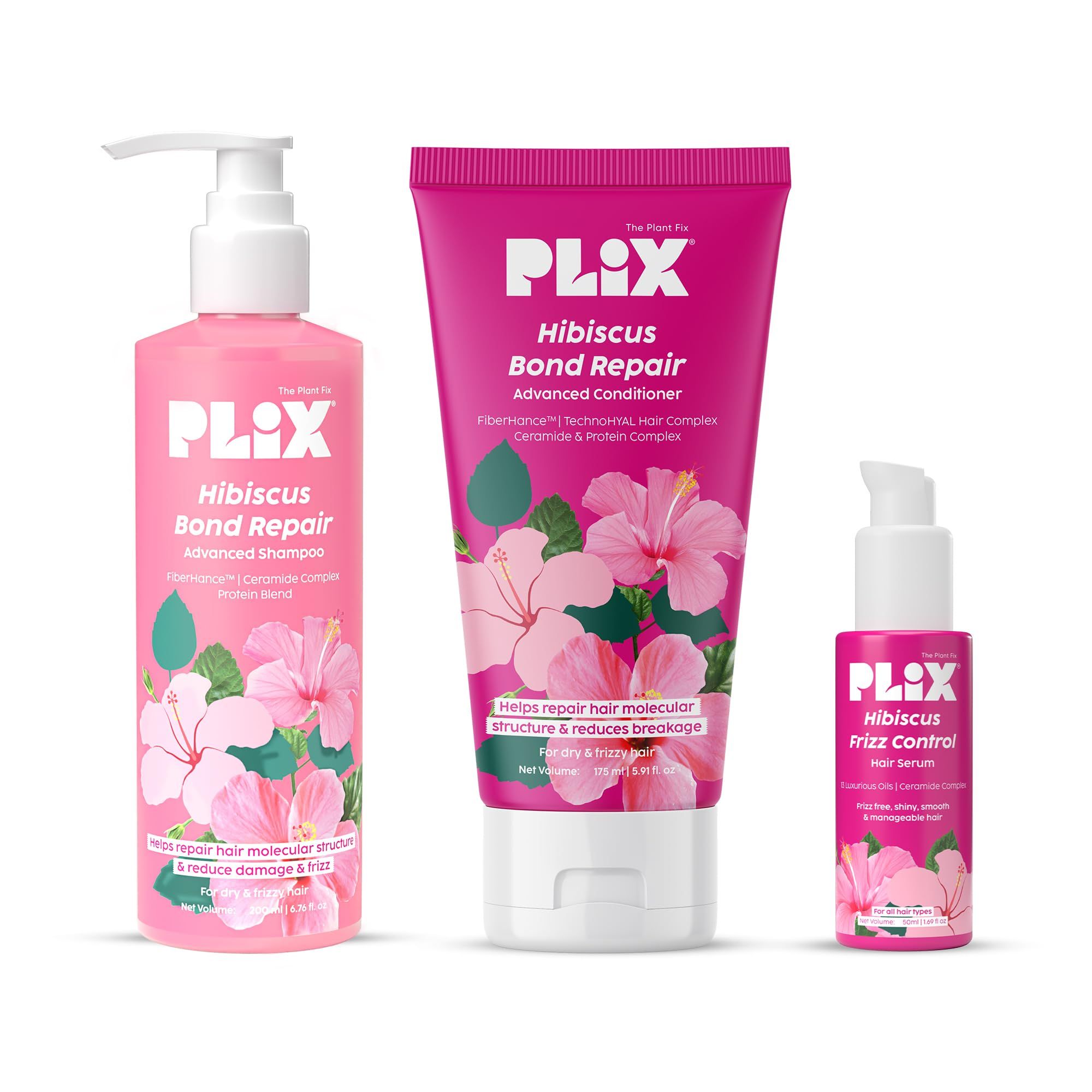 PLIX - THE PLANT FIX Hibiscus Frizz Control Hair Serum 50ml + Bond Repair Shampoo 200ml + Conditioner 175ml | Protects & Smoothes Frizzy Hair| 3x Strength with Fiberhance PLIX - THE PLANT FIX Hibiscus Frizz Control Hair Serum 50ml + Bond Repair Shampoo 2
