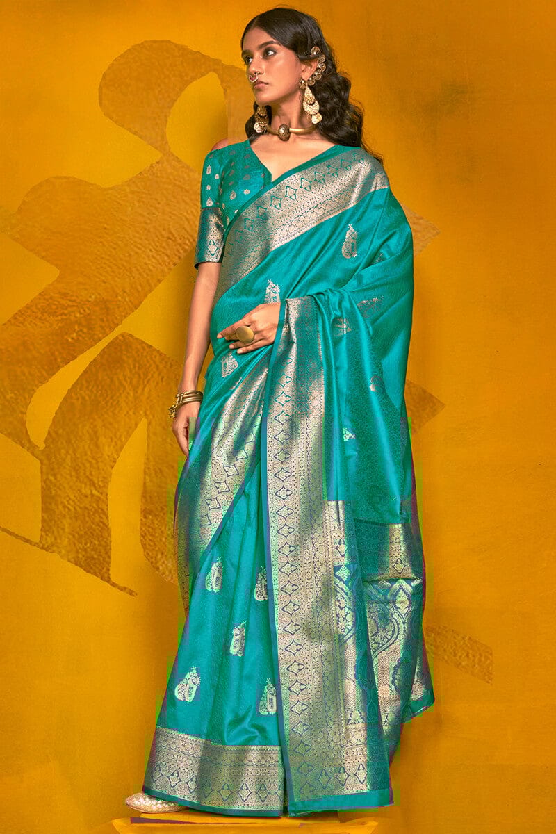 Pacific Blue Spun Silk Saree With Blouse Piece