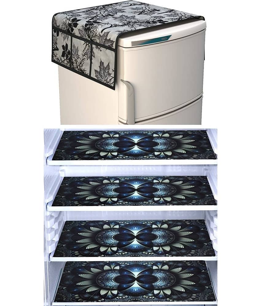 SHUBH Polyester Floral Fridge Mat & Cover ( 99 58 ) Pack of 5 - Black