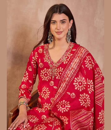 Vaamsi Women Cotton Blend Printed Straight Kurti With Pants ( Pink )