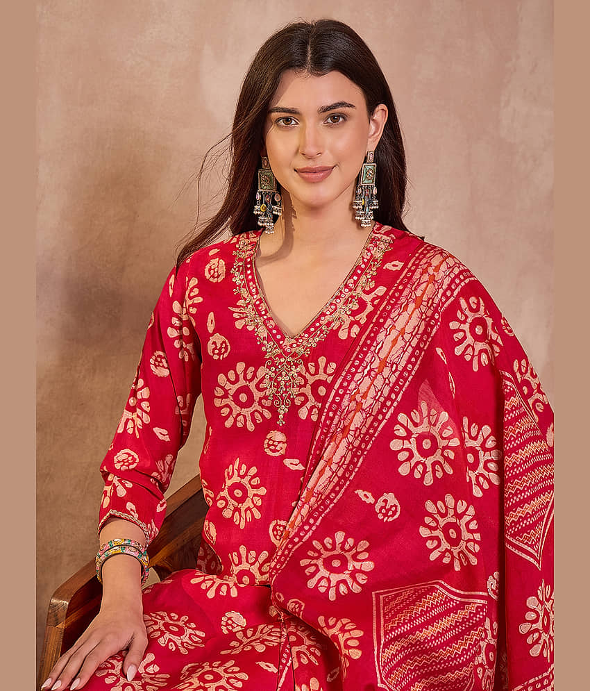 Vaamsi Women Cotton Blend Printed Straight Kurti With Pants ( Pink )