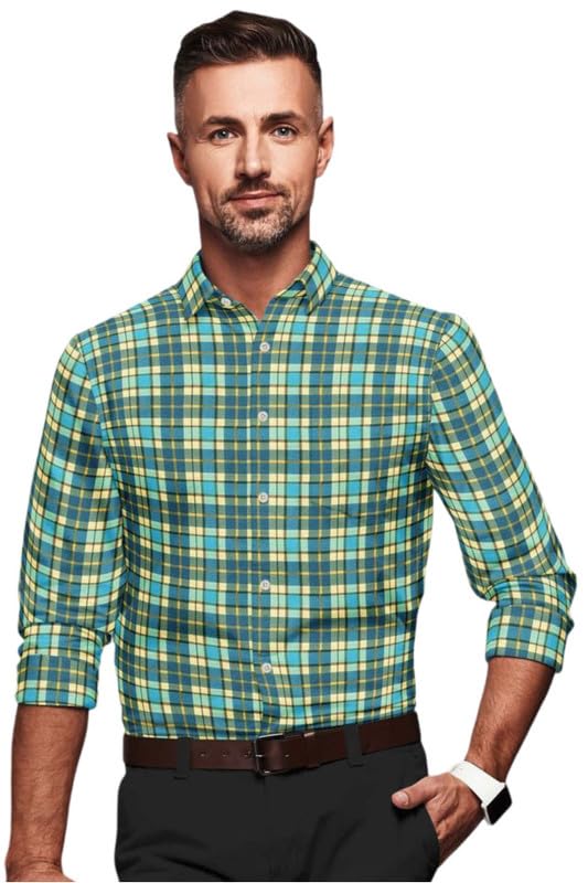 Men's Cotton Blended Checkered Full Sleeve Shirt (Green-Yellow, XL)-PID53450