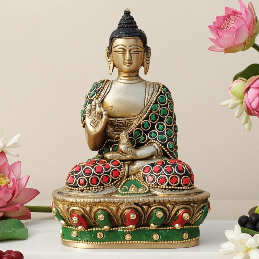 Brass Buddha Ji Idol - Handcrafted Spiritual Showpiece, Height : 6.7 Inch (BSMAS1547 B)