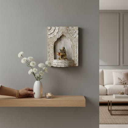 BAANMATA INTERNATIONAL Handicraft Carved Pooja-Stand Jharokha, Wall Hanging God-Statue Stand,Wooden Wall-Jharokha In White-Background, Pooja-Room Decors Jharokha