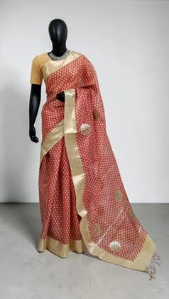 Kota Doria Handloom Saree in Brick Red with Zari Border and Blouse