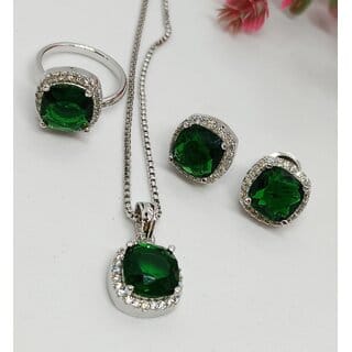 Premium Quality AAA CZ Emerald Green Stones Pendant Stuyds Earrings Adjustable ring with Chain Set