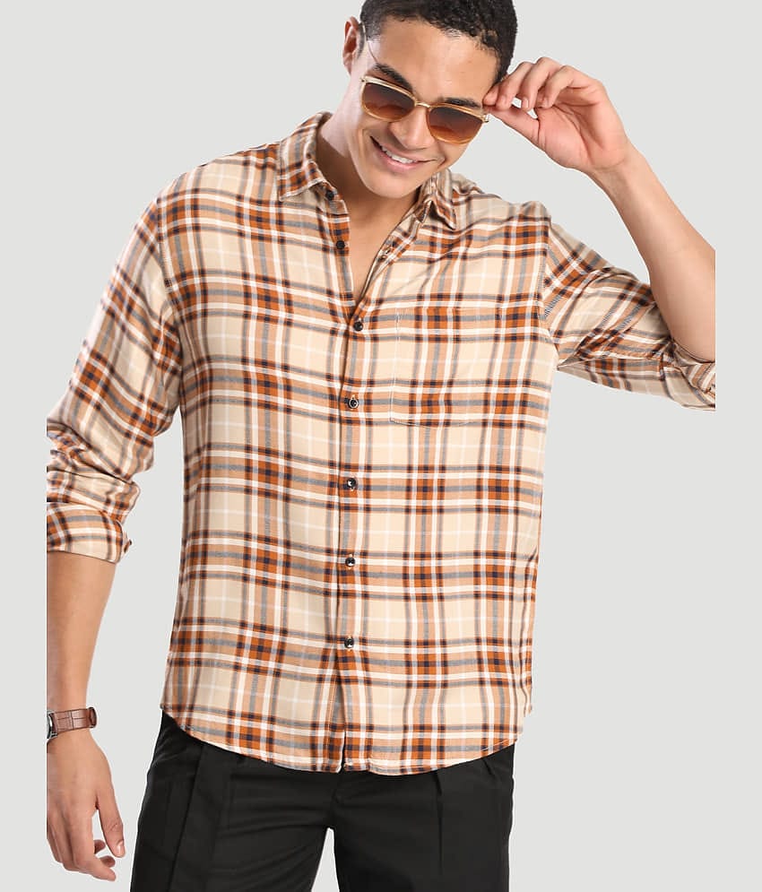 IVOC 100% Cotton Regular Fit Checks Full Sleeves Men's Casual Shirt - Brown ( Pack of 1 )