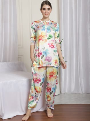 FLORAL PRINTED SATIN CO-ORD SET WITH TROUSERS-XXL / Multi