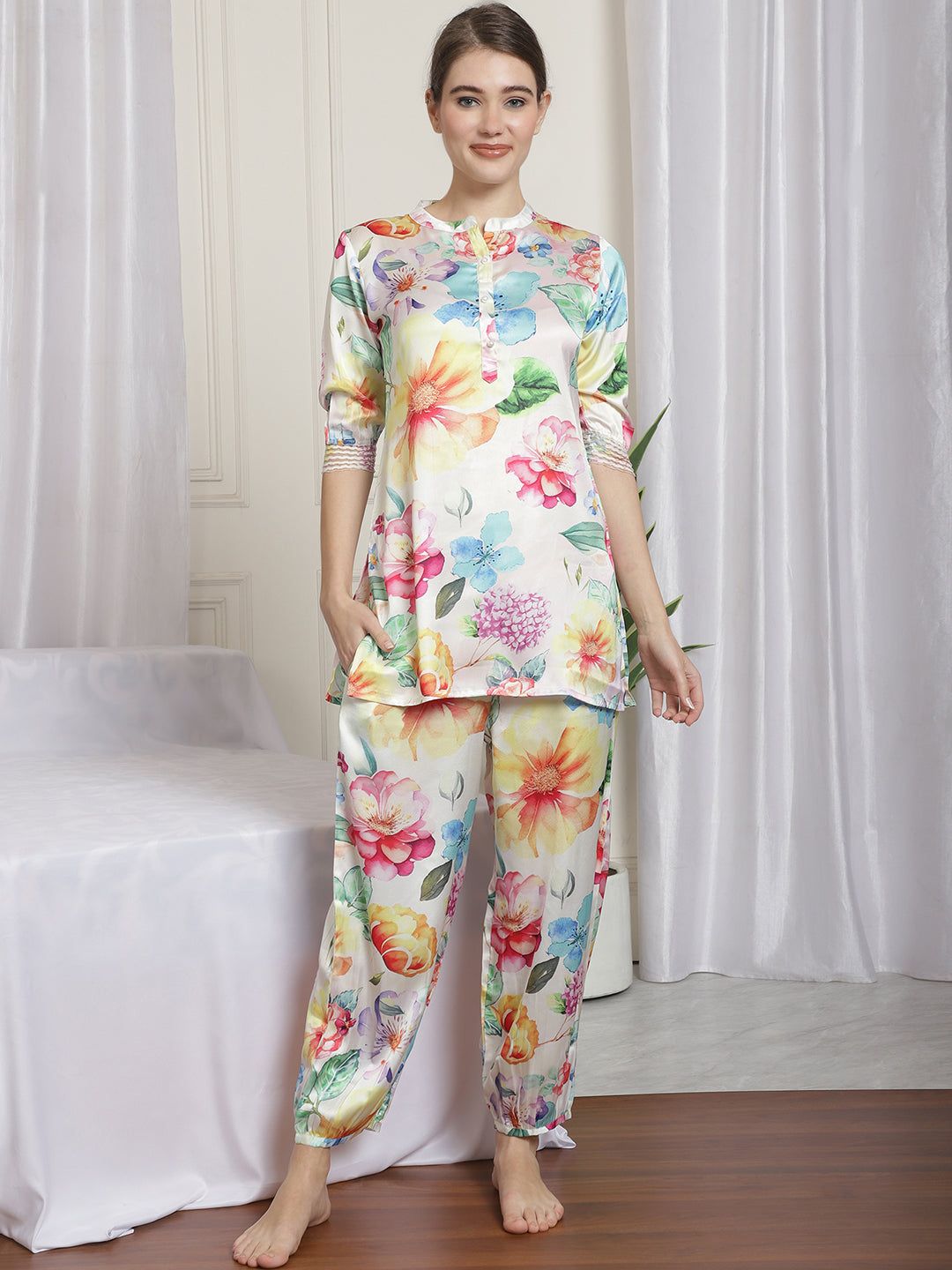 FLORAL PRINTED SATIN CO-ORD SET WITH TROUSERS-XXL / Multi