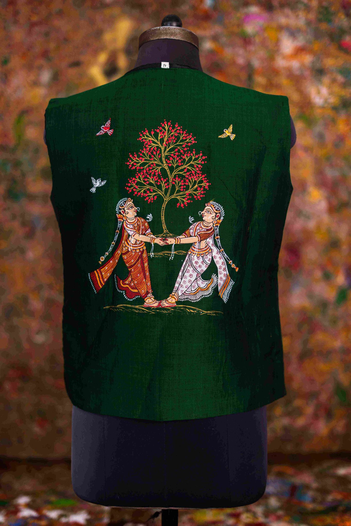 The Dancing Sakhis: Hand-Painted Pattachitra & Ikat Nehru Jacket