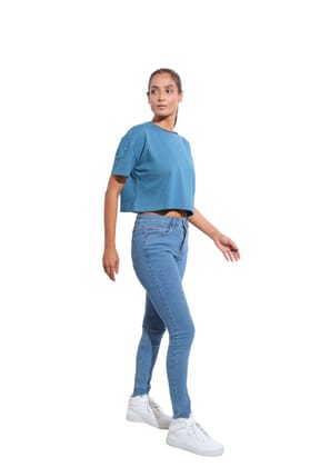 Kinnko Premium Cotton Womens Blue Solid Crop T-Shirt Plain Kinnko Premium Cotton Womens Blue Solid Crop T-Shirt Plain