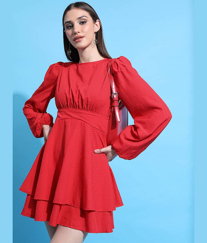 Tokyo Talkies Women Polyester Self Design Fit & Flare Dress ( Red )