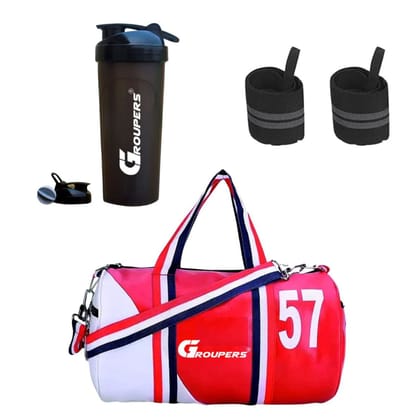 GROUPERS Duffle PU Leather Bag with Shaker Bottle-700ml & Wrist Bandl (Red White) GROUPERS Duffle PU Leather Bag with Shaker Bottle-700ml & Wrist Bandl (Red White)