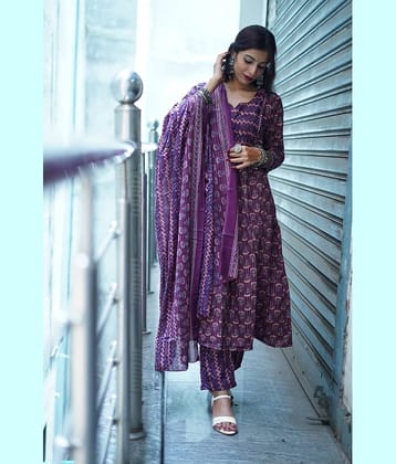 Rajnandini Women Cotton Blend Printed A-line Kurti With Pants ( Wine )