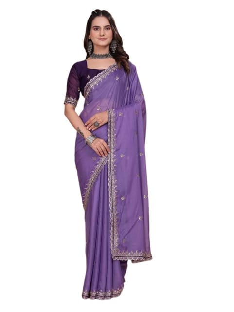 GENERIC Women's Georgette Embellished Saree With Unstitched Blouse 5.5Mtr (Purple)-PID67478