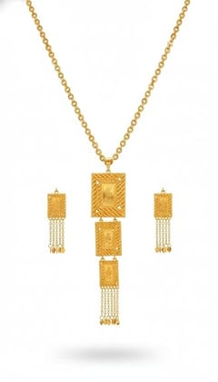 Gold-Toned Necklace and Earrings Set, Rectangular Pendant with Tassel, Traditional Jewellery