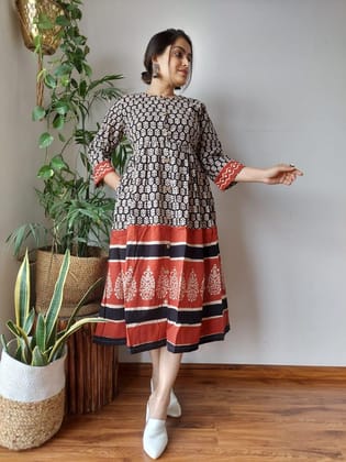 Artistic Blockprinted Cotton Black Long Dress-36(S)