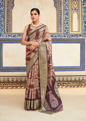 Brown Digital Printed Dola Silk Saree