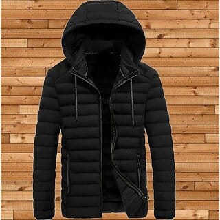 Fashlook Puffer Solid Full Sleeve Black Jacket for Mens