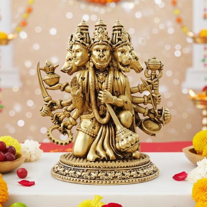 Brass Panchmukhi Hanuman Ji God Idol - Protective Temple Statue, Height : 5.5 Inch (BSMAS1736 F)