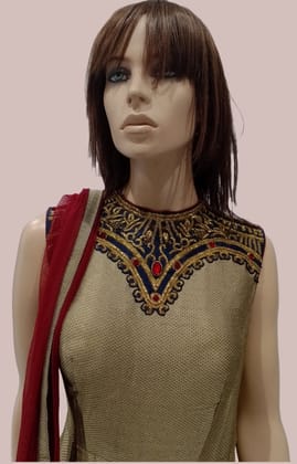 Woman's Beige Embroidered Ethnic Wear Long Kurti Churidar Set With Dupatta-SHEELA . / Beige / F