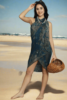 Navy Blue Color Abstract Printed Georgette Beachwear Cover Up Sarong-ONESIZE