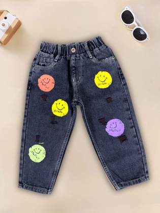 Girls Smiley Patch Comfort Fit Jeans [GJ-902](9M-12 Years)-3-4Y (Size - 22) / Black / Denim