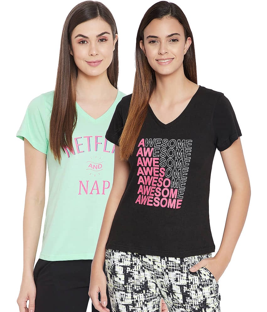 Clovia Rayon Night T-Shirt - Multi Color Pack of 2