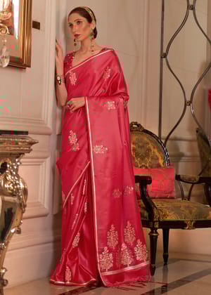 Rose Red Satin Silk Banarasi Saree With Brocade Blouse