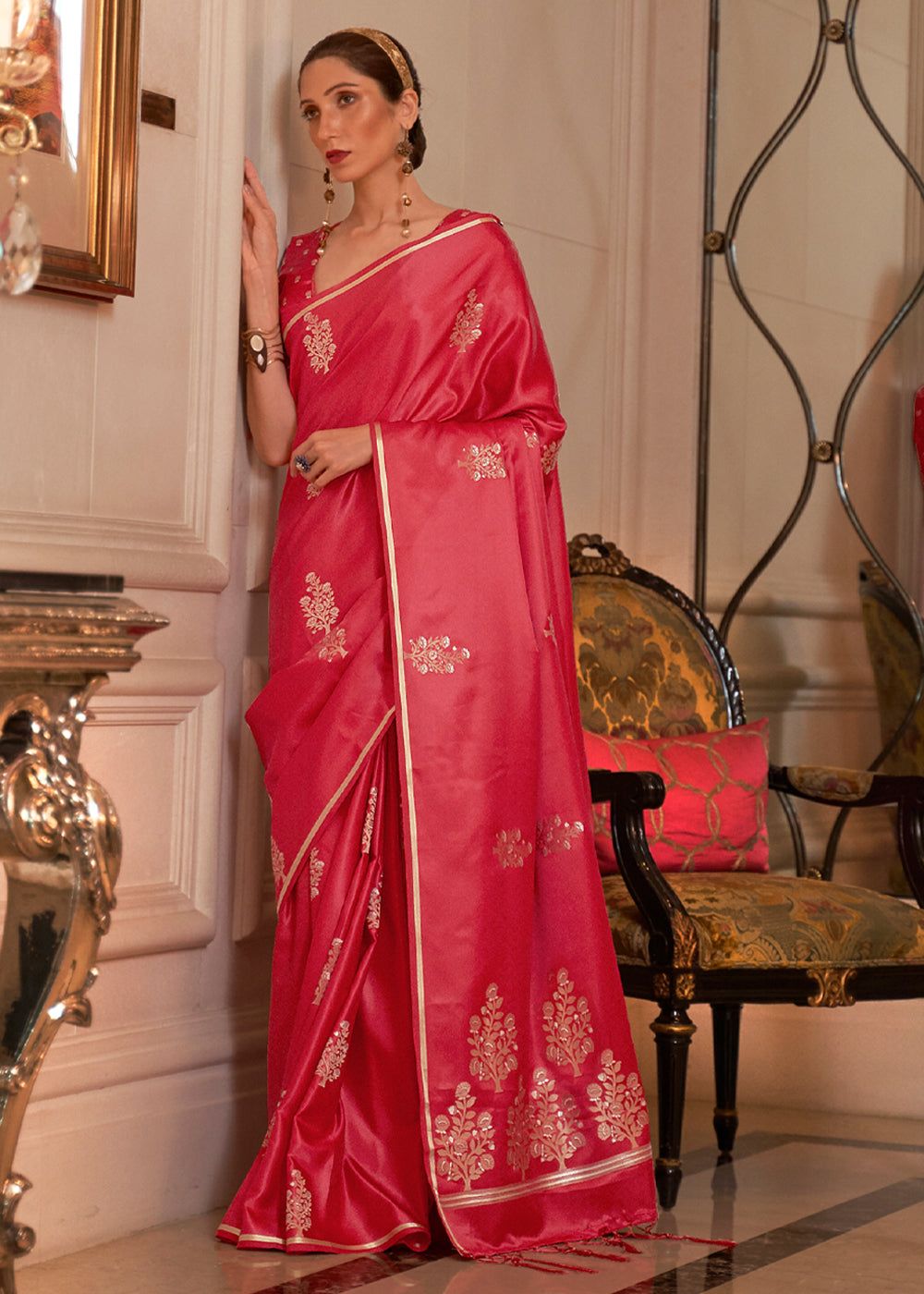 Rose Red Satin Silk Banarasi Saree With Brocade Blouse