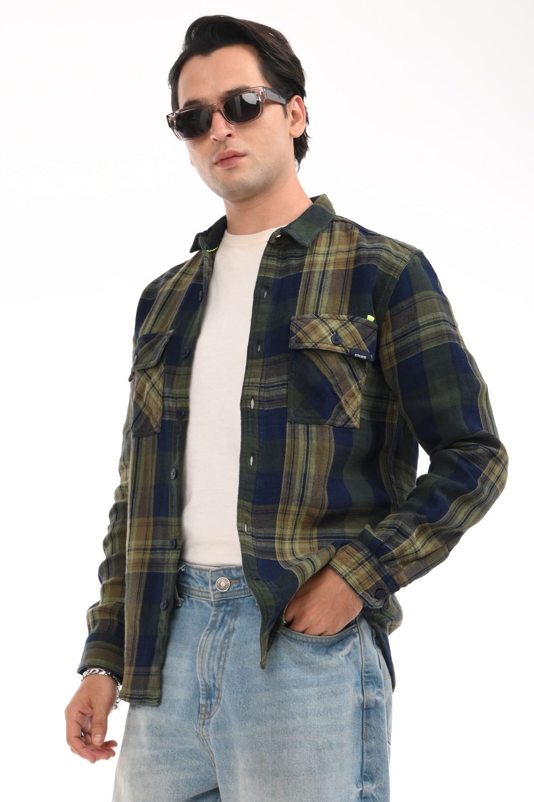 Checkered Navy Heavyweight Pure Cotton Shirt-S / Navy