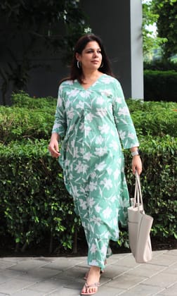 Cotton Pastel Green Big Leaf Pleated Coord-XXS